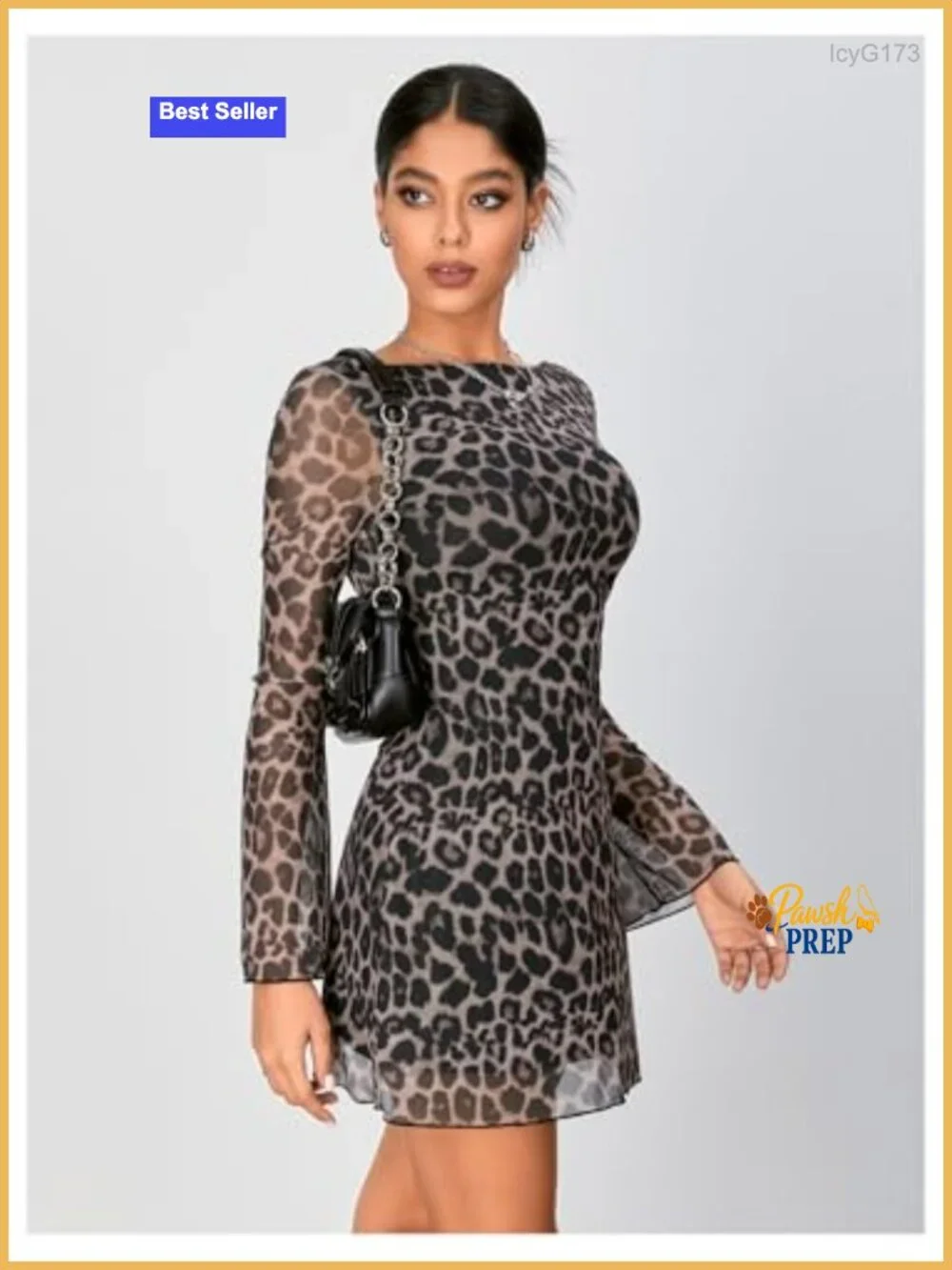 Y2K Leopard Print Mesh Bell Long Sleeve Backless Mini Dress